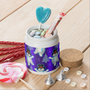 Cute Dancing Snowmen on Blue Christmas Candy Jar