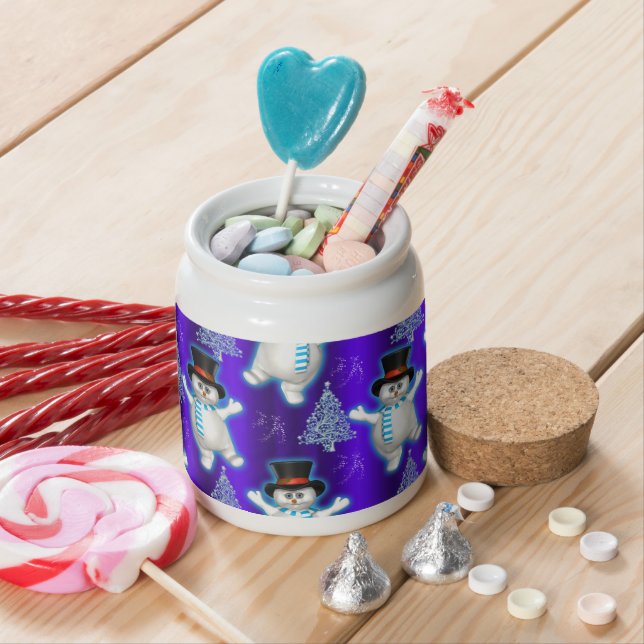 Cute Dancing Snowmen on Blue Christmas Candy Jar (In Situ)