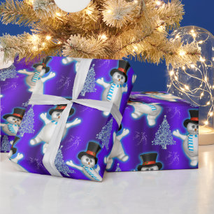 Cute Dancing Snowmen on Blue Christmas Wrapping Paper