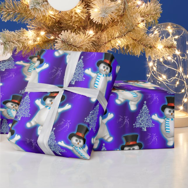 Cute Dancing Snowmen on Blue Christmas Wrapping Paper (Creator Uploaded)