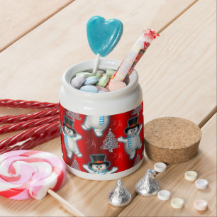 Cute Dancing Snowmen on Red Christmas Candy Jar