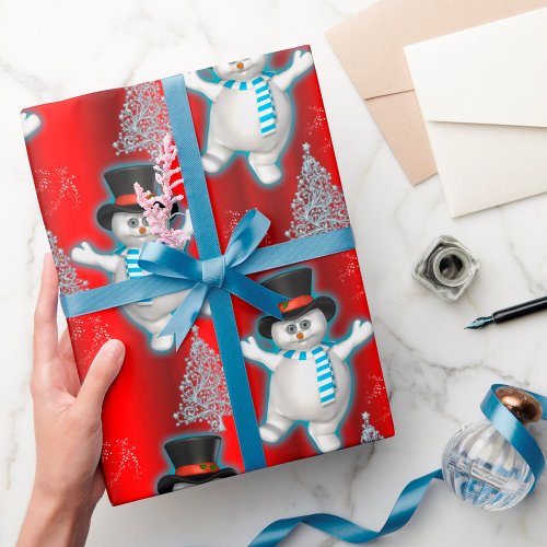 Cute Dancing Snowmen on Red Christmas Wrapping Paper