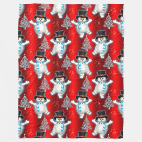 Cute Dancing Snowmen Red Christmas Fleece Blanket