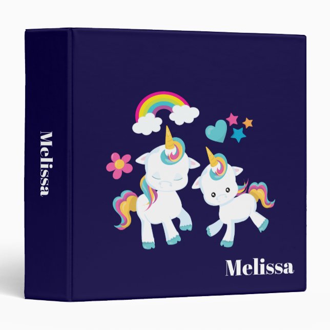 Cute Dancing Unicorns Magical Rainbow & Stars 3 Ring Binder (Front/Spine)