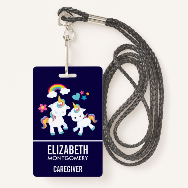 Cute Dancing Unicorns Magical Rainbow & Stars Badge (Front with Lanyard)