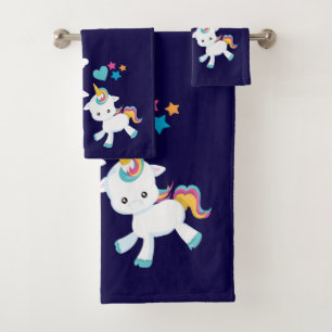 Cute Dancing Unicorns Magical Rainbow & Stars Bath Towel Set