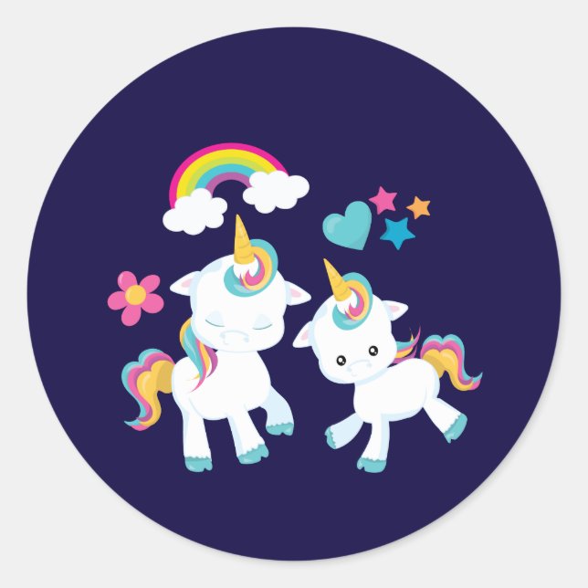 Cute Dancing Unicorns Magical Rainbow & Stars Classic Round Sticker (Front)