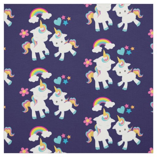 Cute Dancing Unicorns Magical Rainbow & Stars Fabric