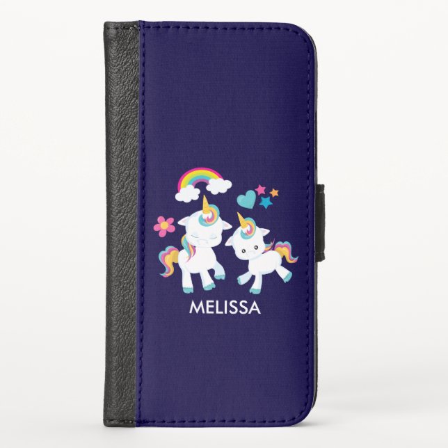 Cute Dancing Unicorns Magical Rainbow & Stars iPhone Wallet Case (Front)