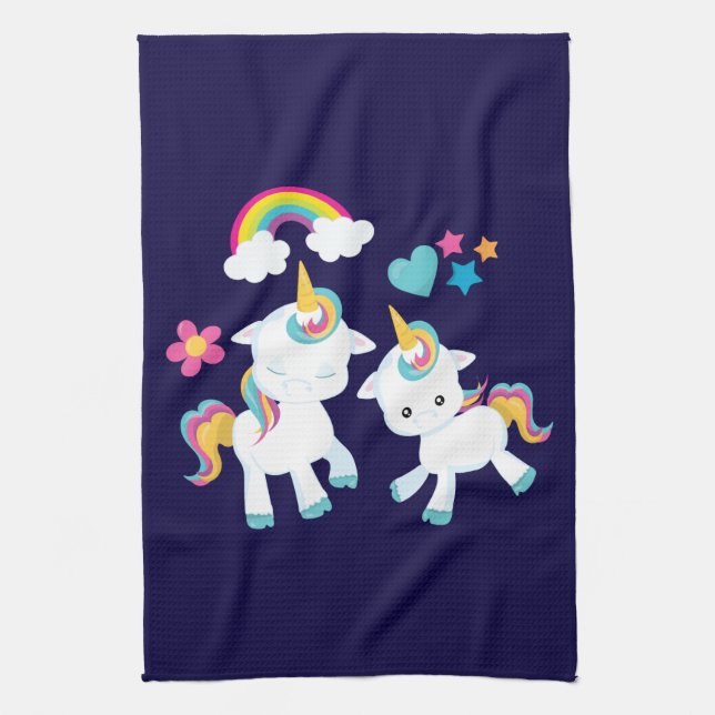 Cute Dancing Unicorns Magical Rainbow & Stars Kitchen Towel (Vertical)