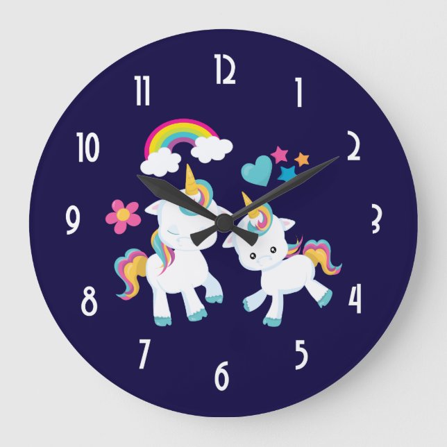 Cute Dancing Unicorns Magical Rainbow & Stars Large Clock (Front)