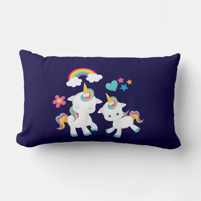 Cute Dancing Unicorns Magical Rainbow & Stars Lumbar Pillow (Front)