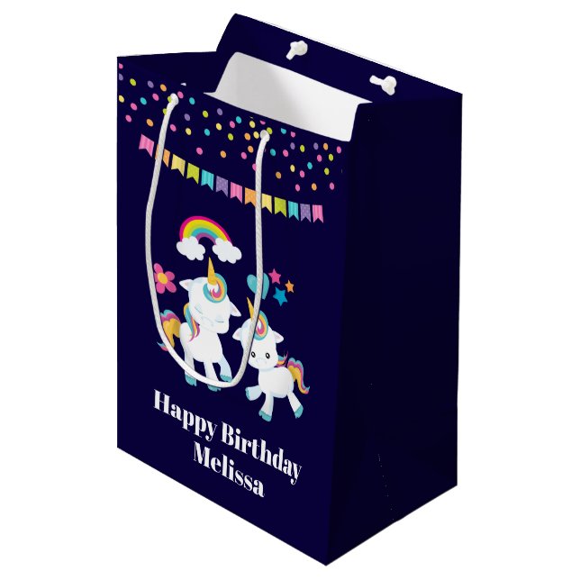 Cute Dancing Unicorns Magical Rainbow & Stars Medium Gift Bag (Front Angled)