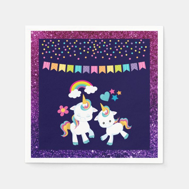 Cute Dancing Unicorns Magical Rainbow & Stars Napkins (Front)