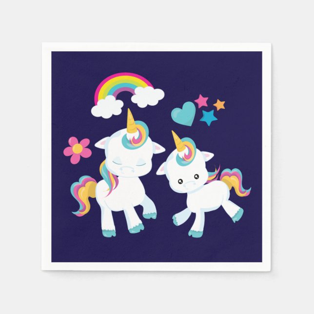 Cute Dancing Unicorns Magical Rainbow & Stars Napkins (Front)