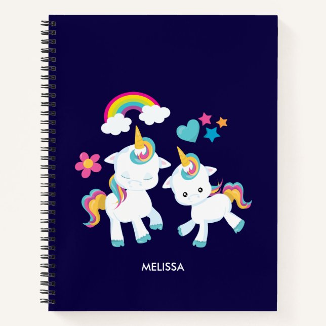Cute Dancing Unicorns Magical Rainbow & Stars Notebook (Front)