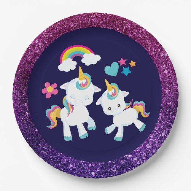 Cute Dancing Unicorns Magical Rainbow & Stars Paper Plates (Front)
