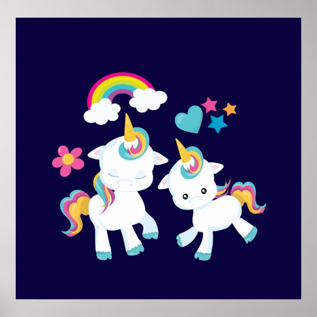 Cute Dancing Unicorns Magical Rainbow & Stars Poster (Front)