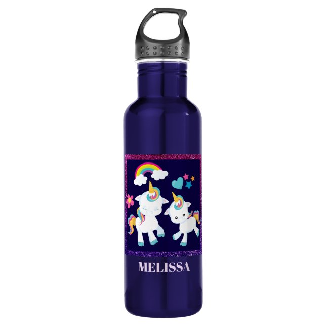 Cute Dancing Unicorns Magical Rainbow & Stars Stainless Steel Water Bottle (Front)