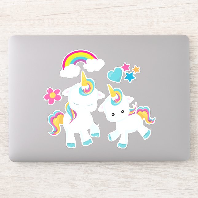 Cute Dancing Unicorns Magical Rainbow & Stars Sticker (Computer)