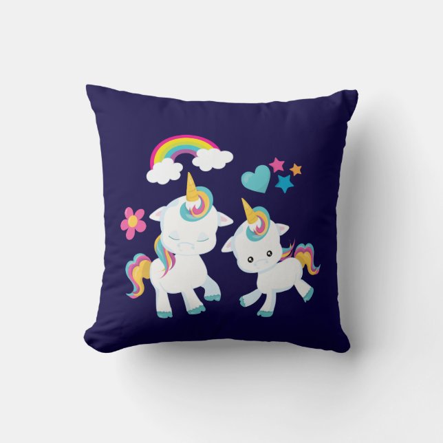 Cute Dancing Unicorns Magical Rainbow & Stars Throw Pillow (Front)