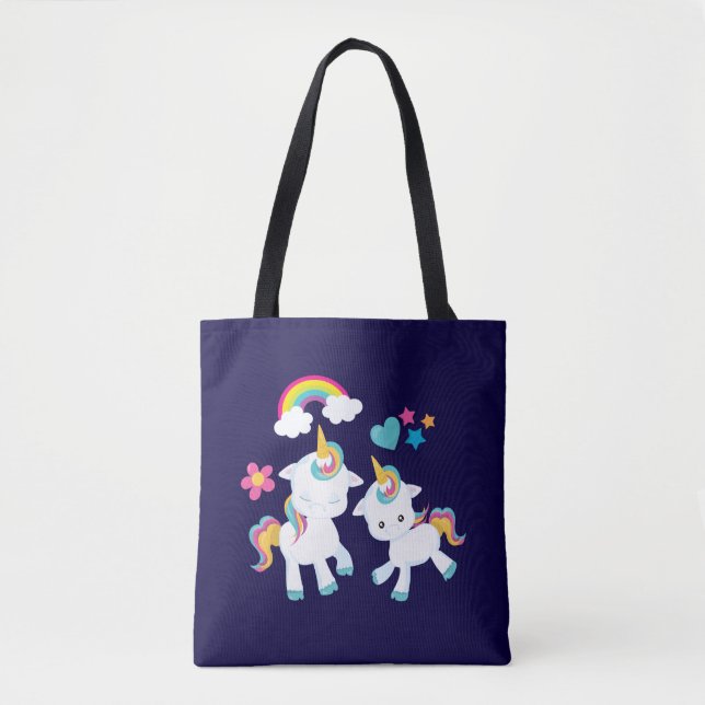 Cute Dancing Unicorns Magical Rainbow & Stars Tote Bag (Front)