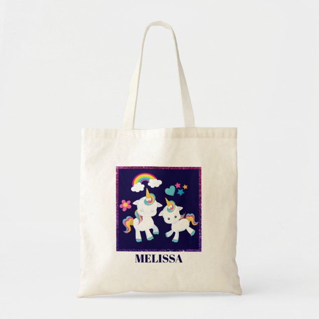 Cute Dancing Unicorns Magical Rainbow & Stars Tote Bag (Front)