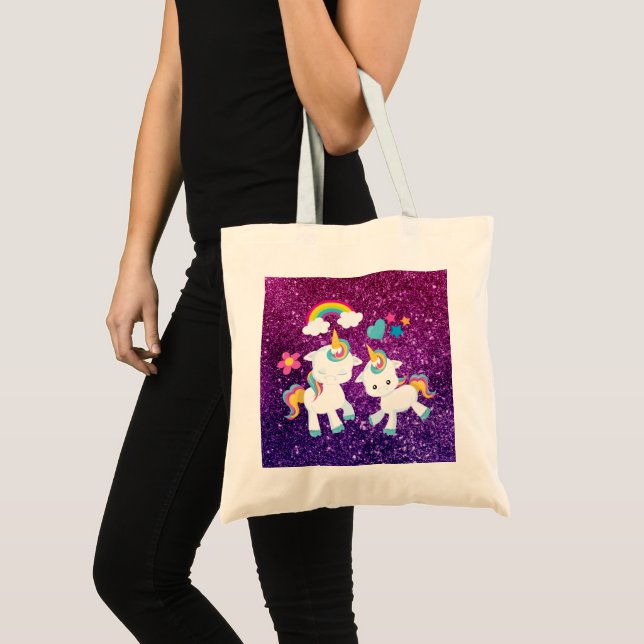 Cute Dancing Unicorns Magical Rainbow & Stars Tote Bag (Front (Product))