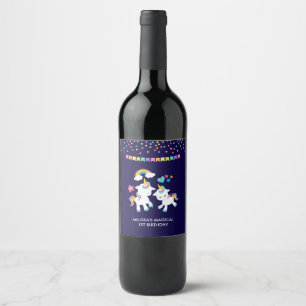 Cute Dancing Unicorns Magical Rainbow & Stars Wine Label