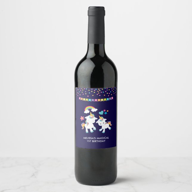 Cute Dancing Unicorns Magical Rainbow & Stars Wine Label (Front)