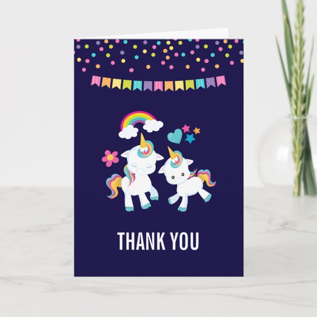 Cute Dancing Unicorns Magical Rainbow Thank You Card (Front)