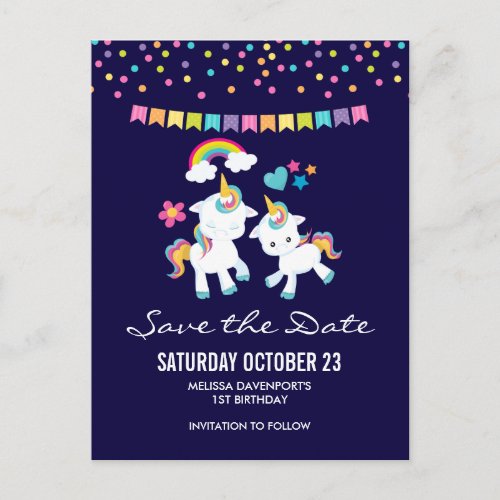 Cute Dancing Unicorns Magical Save the Date Postcard