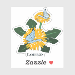 Cute Dandelion Butterflies Yellow Custom Name Sticker