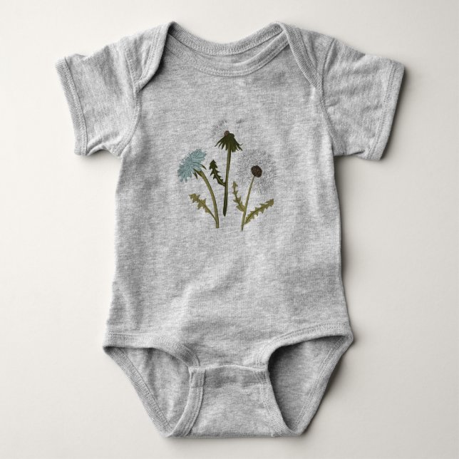 Cute Dandelion Gray Blue Flower Motifs Baby Bodysuit (Front)