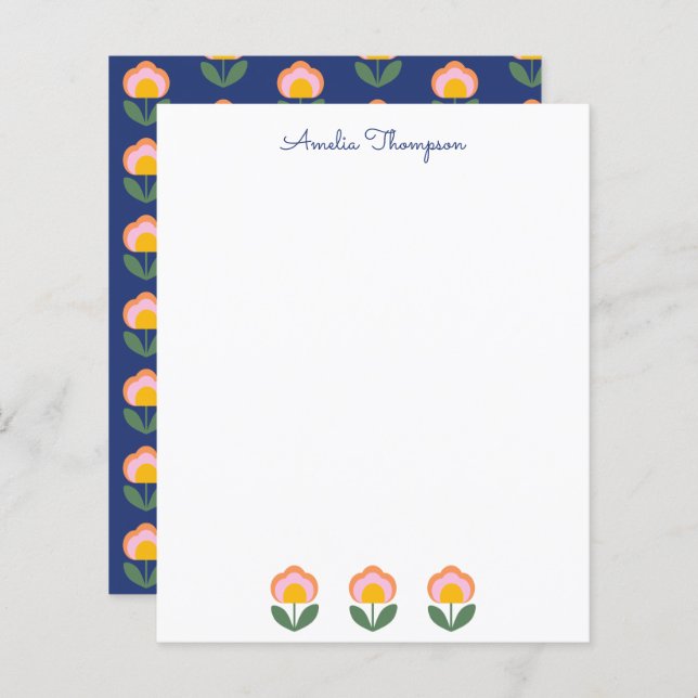 Cute Danish Flower in Blue Personalized Stationery (Front/Back)