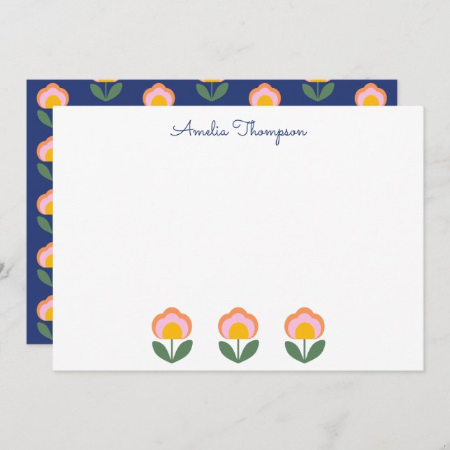Cute Danish Folk Flower Blue Personalized Name Note Card (Front/Back)