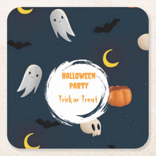 Cute Dark Blue Halloween Party Ghost Pumpkin  Square Paper Coaster