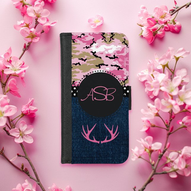 Cute Dark Blue Jeans Pink Antler Camo iPhone Wallet Case (Creator Uploaded)