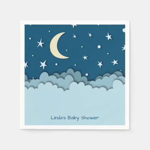 Cute Dark Blue Night Moon and Clouds Baby Shower Napkins
