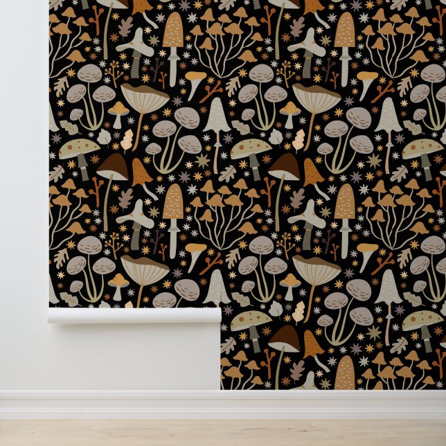Cute Dark Forest Mushrooms Gold Green Black  Wallpaper (Application)