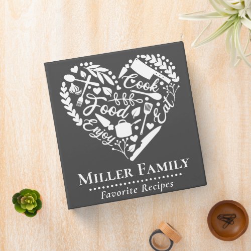 Cute Dark Gray Family Name Heart Recipe Cookbook 3 Ring Binder