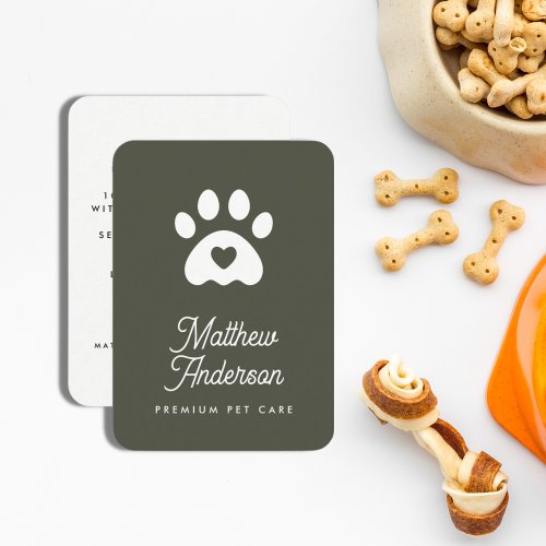 Cute Dark Green Heart Paw Pet Sitter Dog Walker Business Card