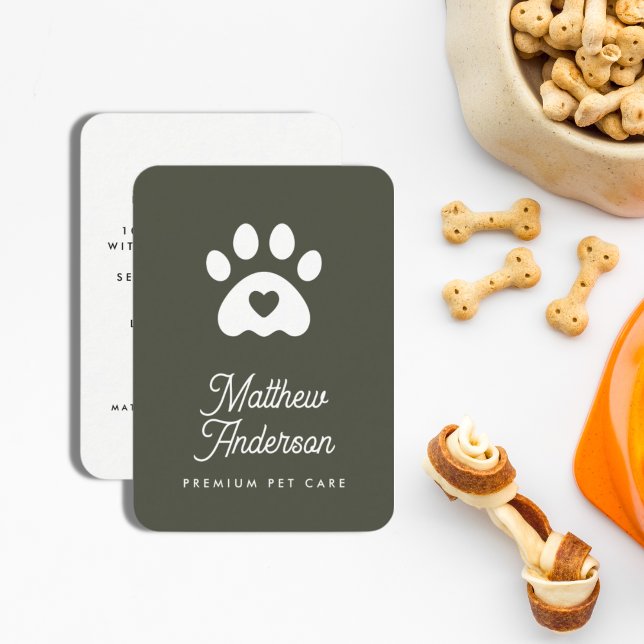 Cute Dark Green Heart Paw Pet Sitter Dog Walker Business Card (Creator Uploaded)