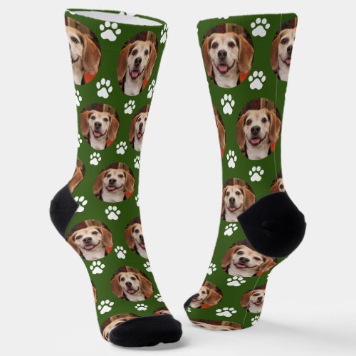 Cute Dark Green Pet Photo  Paw Prints Cat Dog  Socks