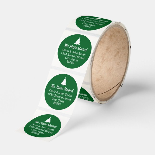 Cute Dark Green White Christmas Tree We Have Moved Classic Round Sticker (Roll)