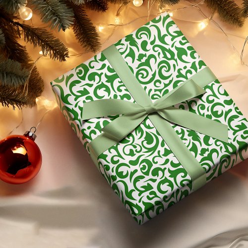 Cute Dark Green White Damask Floral Pattern Wrapping Paper