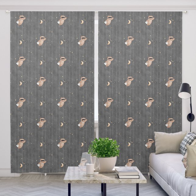 Cute Dark Grey Flying Superhero Teddy Bear Nursery Blackout Curtains (Living Room)