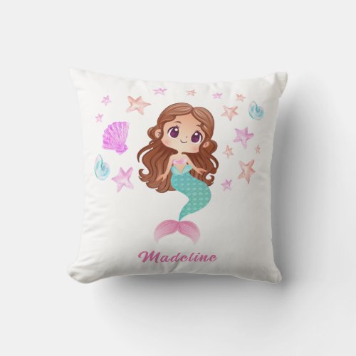Cute Dark Hair Mermaid Throw Pillow