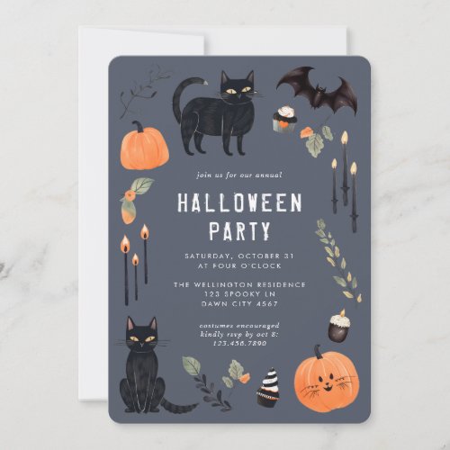 Cute Dark Halloween Cat Bat Pumpkin Party Invitation