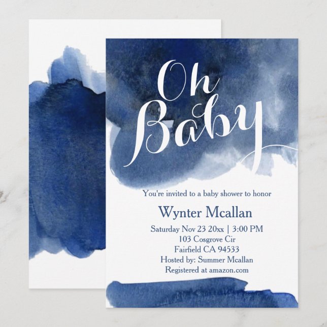 Cute dark navy blue watercol babyshower invitation (Front/Back)